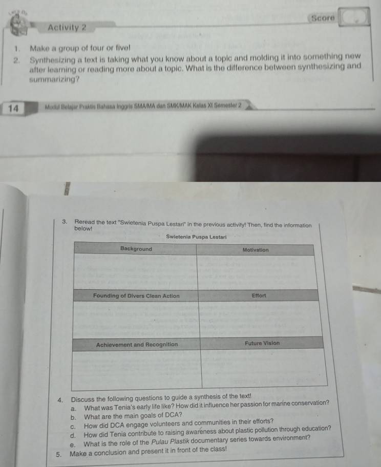 Score 
Activity 2 
1. Make a group of four or five! 
2. Synthesizing a text is taking what you know about a topic and molding it into something new 
after learning or reading more about a topic. What is the difference between synthesizing and 
summarizing? 
14 Modul Belajar Praktis Bahasa Inggris SMA/MA dan SMK/MAK Kelas XI Semester 2 
3. Reread the text "Swietenia Puspa Lestari' in the previous activity! Then, find the information 
below! 
4. Discuss the following questions to guide a synth 
a. What was Tenia's early life like? How did it influence her passion for marine conservation? 
b. What are the main goals of DCA? 
c. How did DCA engage volunteers and communities in their efforts? 
d. How did Tenia contribute to raising awareness about plastic pollution through education? 
e. What is the role of the Pulau Plastik documentary series towards environment? 
5. Make a conclusion and present it in front of the class!