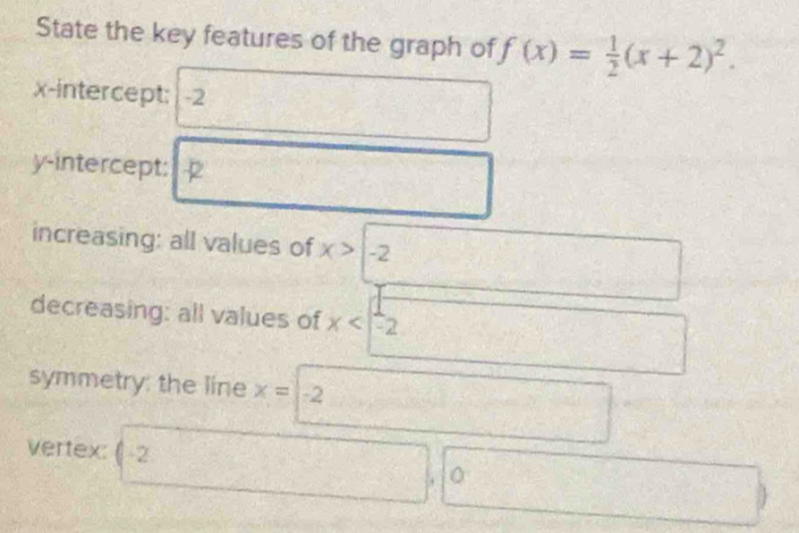 State the key features of the graph of f(x)= 1/2 (x+2)^2. 
x-intercept: -2
y-intercept: 
increasing: all values of x> -2
decreasing: all values of x
symmetry: the line x=-2
vertex: ( -2
0