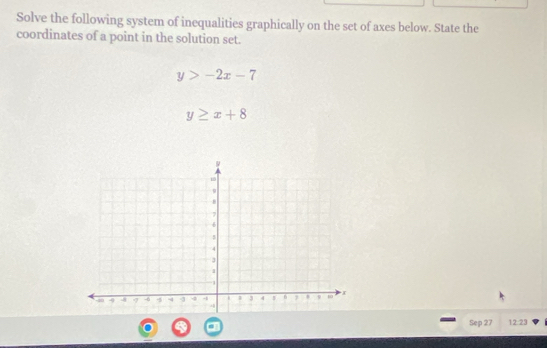 Solve the following system of inequalities graphically on the set of axes below. State the 
coordinates of a point in the solution set.
y>-2x-7
y≥ x+8
Sep 27 12:23