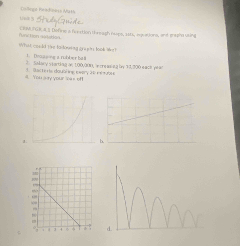 College Readiness Math 
Unit S 
CRM.FGR.4.1 Define a function through maps, sets, equations, and graphs using 
function notation. 
What could the following graphs look like? 
1. Dropping a rubber ball 
2. Salary starting at 100,000, increasing by 10,000 each year
3. Bacteria doubling every 20 minutes
4. You pay your loan off 
a. 
b. 
C.