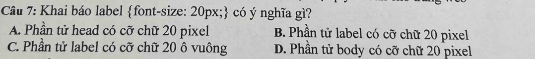 Khai báo label font-size: 20px; có ý nghĩa gì?
A. Phần tử head có cỡ chữ 20 pixel B. Phần tử label có cỡ chữ 20 pixel
C. Phần tử label có cỡ chữ 20 ô vuông D. Phần tử body có cỡ chữ 20 pixel