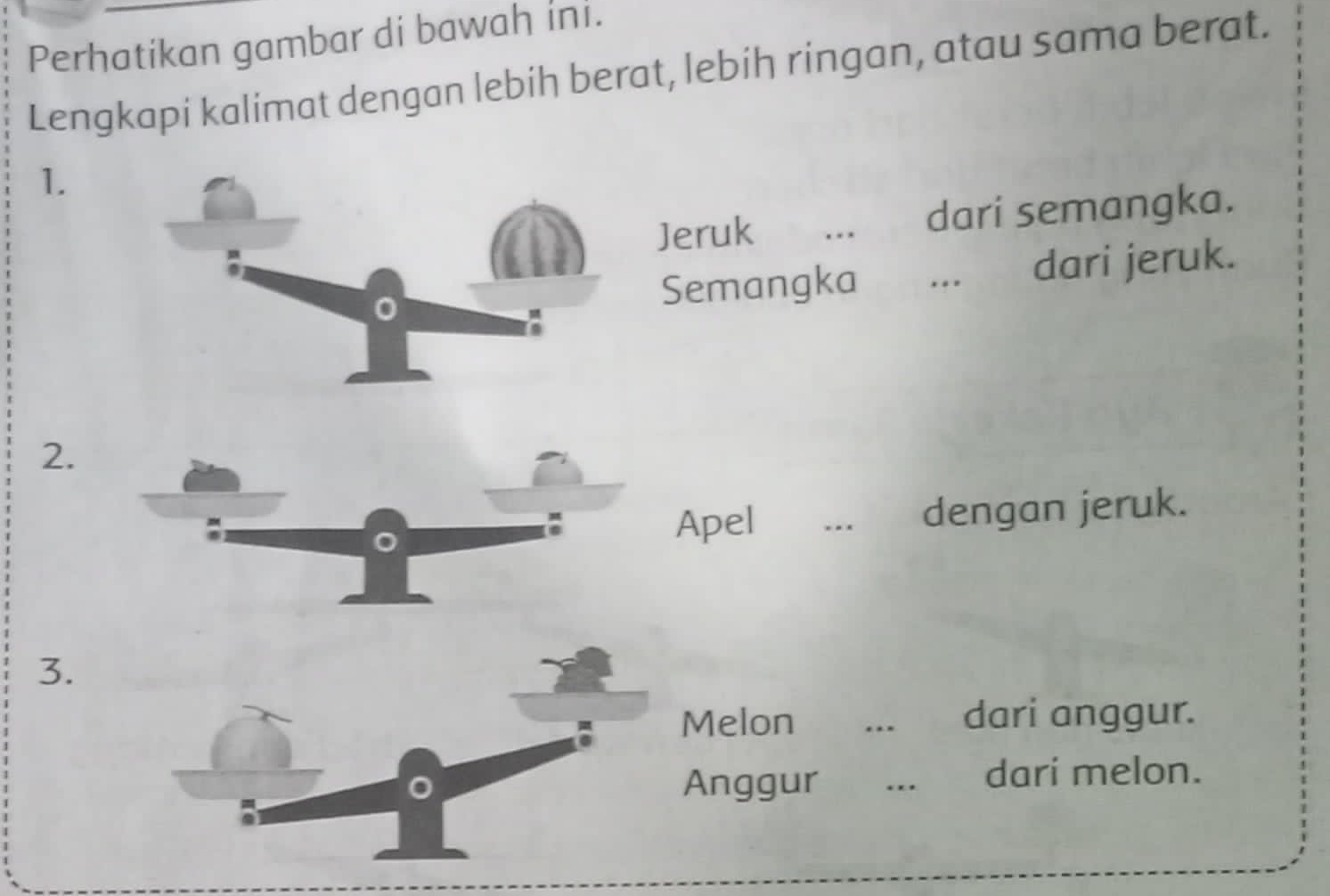 Perhatikan gambar di bawah ini. 
Lengkapi kalimat dengan lebih berat, lebih ringan, atau sama berat. 
1. 
Jeruk dari semangka. 
Semangka _... dari jeruk. 
2. 
Apel _dengan jeruk. 
3. 
Melon _dari anggur. 
Anggur _dari melon.