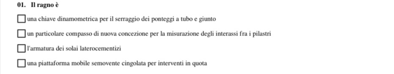 Il ragno è
una chiave dinamometrica per il serraggio dei ponteggi a tubo e giunto
un particolare compasso di nuova concezione per la misurazione degli interassi fra i pilastri
l'armatura dei solai laterocementizi
una piattaforma mobile semovente cingolata per interventi in quota