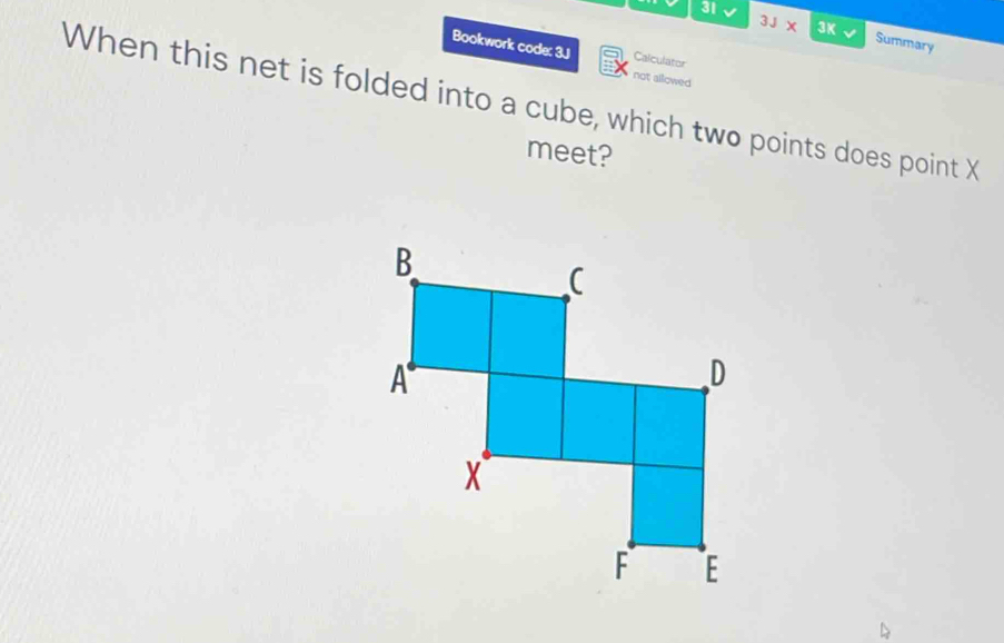 3J* 
31 3K √ Summary 
Bookwork code: 3J not allowed 
Calculator 
When this net is folded into a cube, which two points does point X
meet?