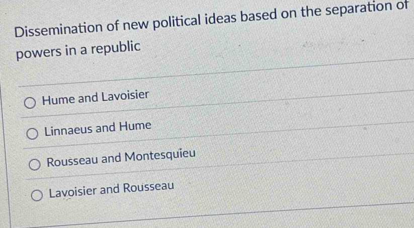 Dissemination of new political ideas based on the separation of
powers in a republic
Hume and Lavoisier
Linnaeus and Hume
Rousseau and Montesquieu
Lavoisier and Rousseau