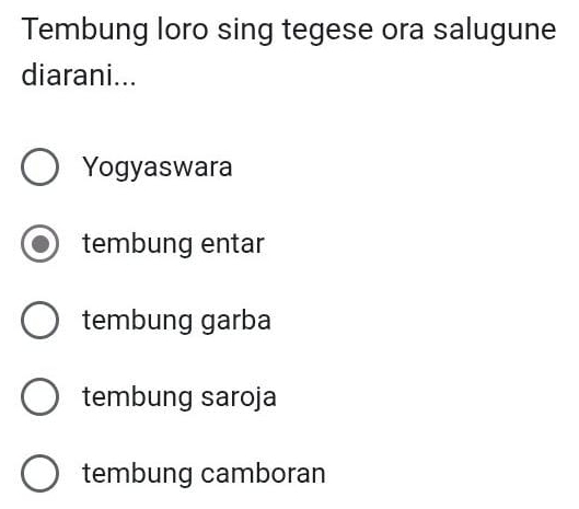 Tembung loro sing tegese ora salugune
diarani...
Yogyaswara
tembung entar
tembung garba
tembung saroja
tembung camboran