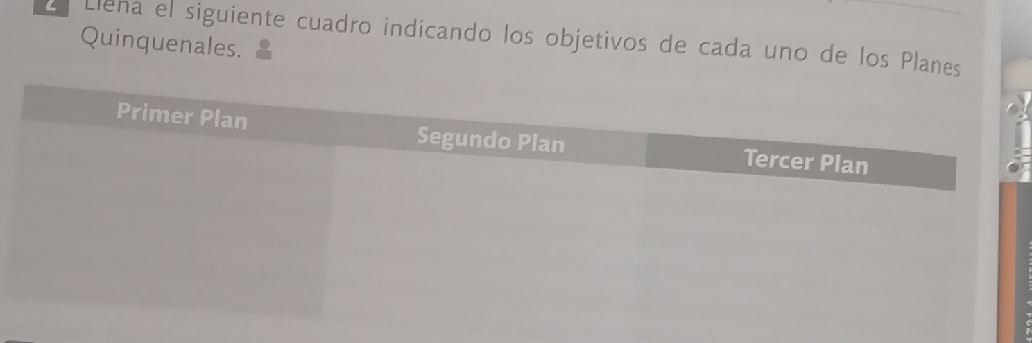 Llena el siguiente cuadro indicando los objetivos de cada uno de los Planes 
Quinquenales.