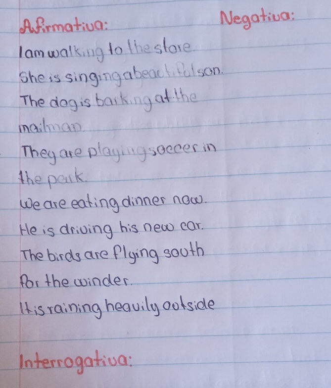 Afirmativa: Negativa: 
Iam walking to the store 
She is singing a beac fulson. 
The dog is barking at the 
iailman 
They are playing soccer in 
the park 
We are eating dinner now. 
He is driving his new car. 
The birds are flying sooth 
for the winder. 
IAis raining heavily ooside 
Interrogativa: