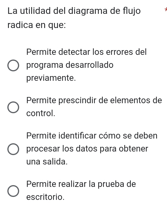 La utilidad del diagrama de flujo 
radica en que:
Permite detectar los errores del
programa desarrollado
previamente.
Permite prescindir de elementos de
control.
Permite identificar cómo se deben
procesar los datos para obtener
una salida.
Permite realizar la prueba de
escritorio.