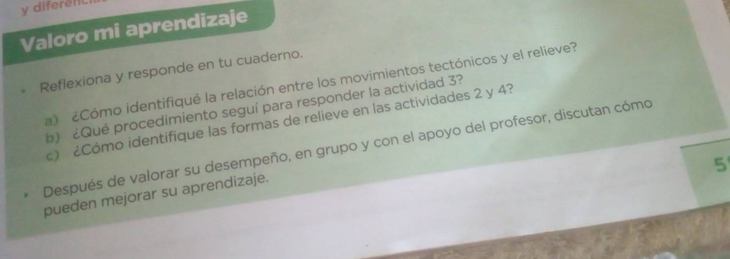 diferenc 
Valoro mi aprendizaje 
Reflexiona y responde en tu cuaderno. 
a ¿Cómo identifiqué la relación entre los movimientos tectónicos y el relieve? 
b) ¿Qué procedimiento seguí para responder la actividad 3? 
c) ¿Cómo identifique las formas de relieve en las actividades 2 y 4? 
Después de valorar su desempeño, en grupo y con el apoyo del profesor, discutan cómo 
5 
pueden mejorar su aprendizaje.