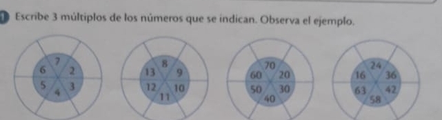 Escribe 3 múltiplos de los números que se indican. Observa el ejemplo.
7
24
6 2 16 36
5 3 63 42
4
58