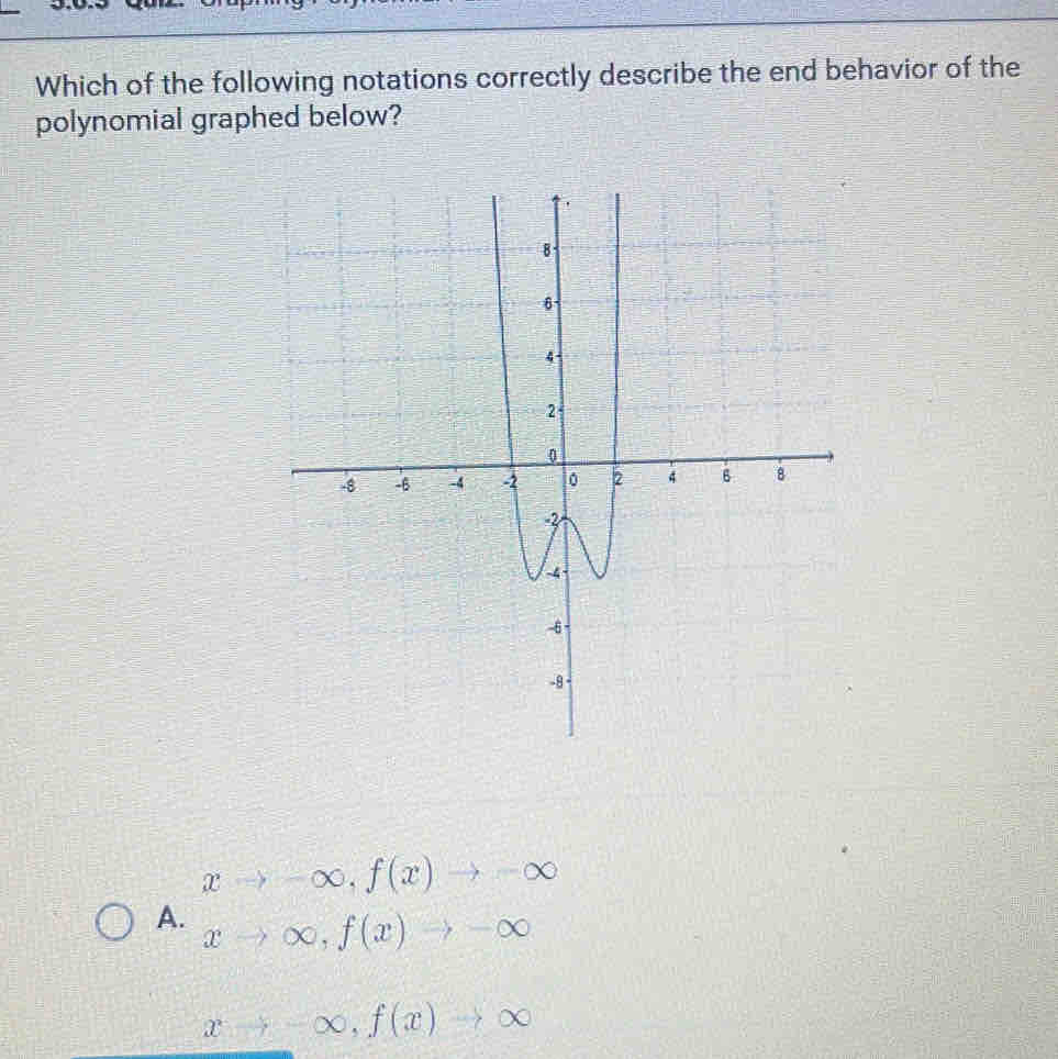 Which of the following notations correctly describe the end behavior of the
polynomial graphed below?
xto -∈fty , f(x)to -∈fty
A. xto ∈fty , f(x)to -∈fty
xto -∈fty , f(x)to ∈fty