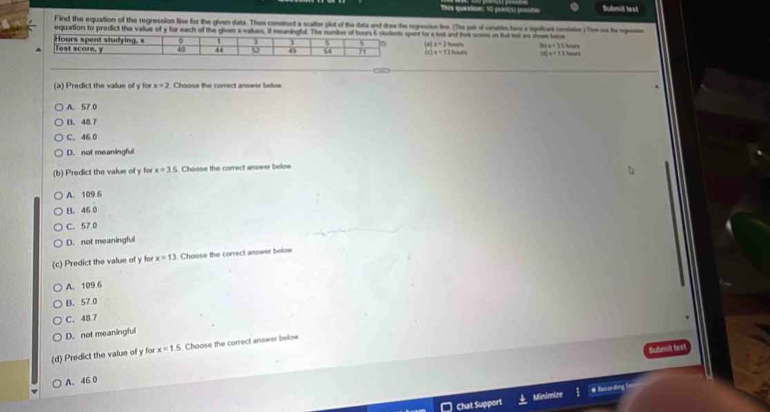 This question: 10 point(s) posste Submit test
Find the equation of the regression line for the given data. Then construct a scatter plot of the data and drae the regression line. (The par of veiables have a vigilicnt comiatin) The ue the regein
equation to predict the value of y for each of the given x -valuesent for s tat and thex scaes in tat led ws whe hw
hmors
x=21 ] thesors x=15hm
x=35hee
(q x=13
(a) Predict the value of y for x=2 Choose the correct answer below
A. 57.0
B. 48.7
C. 46.0
D. not meaningful
(b) Predict the value of y for x=3.5 Choose the correct answer below
A. 109 6
B. 46.0
C、 57.0
D. not meaningful
(c) Predict the value of y for x=13. Choose the correct answer below
A. 109.6
B. 57.0
C. 48.7
D. not meaningful
(d) Predict the value of y for x=1.5. Choose the correct answer below
Submit test
A. 46.0
Chat Suppor Minimize @ Recording Se