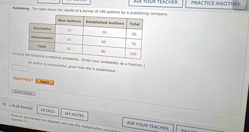 ASK YOUR TEACHER PRACTICE ANOTHER 
Publishing The table shows the results of a survey of 100 authors by a publishiompany. 
Comp your probability as a fraction.) 
An author is unsuccessful, given that she is established. 
Need Help? Read It 
Submit Answer 
10. [-/0.33 Points] DETAILS MY NOTES ASK YOUR TEACHER 
Example 3.] 
Draw an appropriate tree diagram, and use the multiplication princinlg