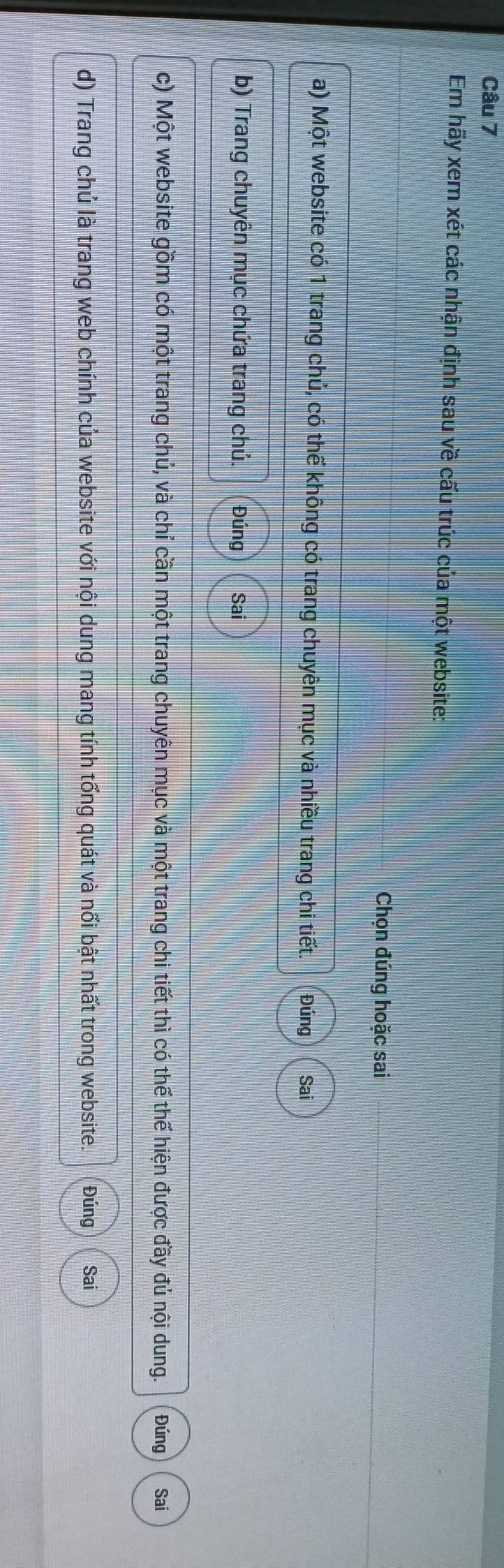 Em hãy xem xét các nhận định sau về cấu trúc của một website: 
Chọn đúng hoặc sai 
a) Một website có 1 trang chủ, có thể không có trang chuyên mục và nhiều trang chi tiết. Đúng Sai 
b) Trang chuyên mục chứa trang chủ. Đúng Sai 
c) Một website gồm có một trang chủ, và chỉ cần một trang chuyên mục và một trang chi tiết thì có thế thế hiện được đầy đủ nội dung. Đúng Sai 
d) Trang chủ là trang web chính của website với nội dung mang tính tổng quát và nối bật nhất trong website. Đúng Sai