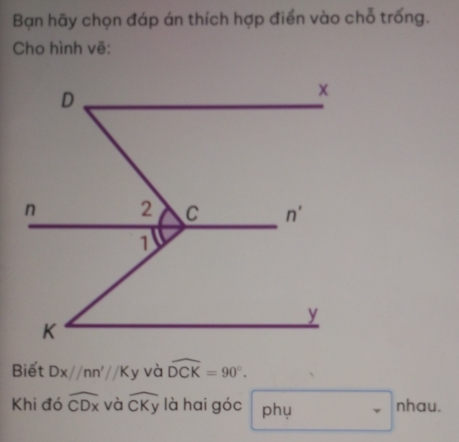 Bạn hãy chọn đáp án thích hợp điển vào chỗ trống.
Cho hình vẽ:
Biết Dx//nn'//Ky và widehat DCK=90°.
Khi đó widehat CDx và widehat CKy là hai góc phụ nhau.