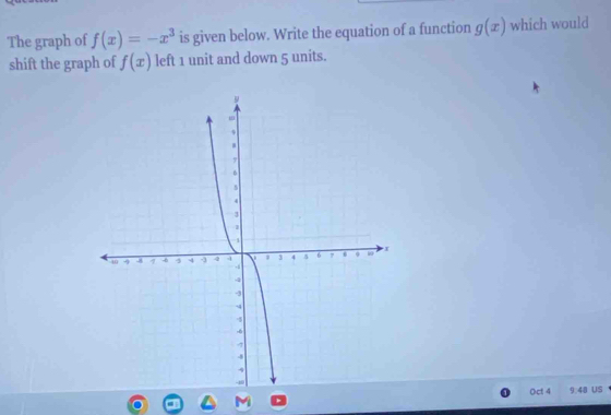 The graph of f(x)=-x^3 is given below. Write the equation of a function g(x) which would 
shift the graph of f(x) left 1 unit and down 5 units.
9:48 us 
Oct 4