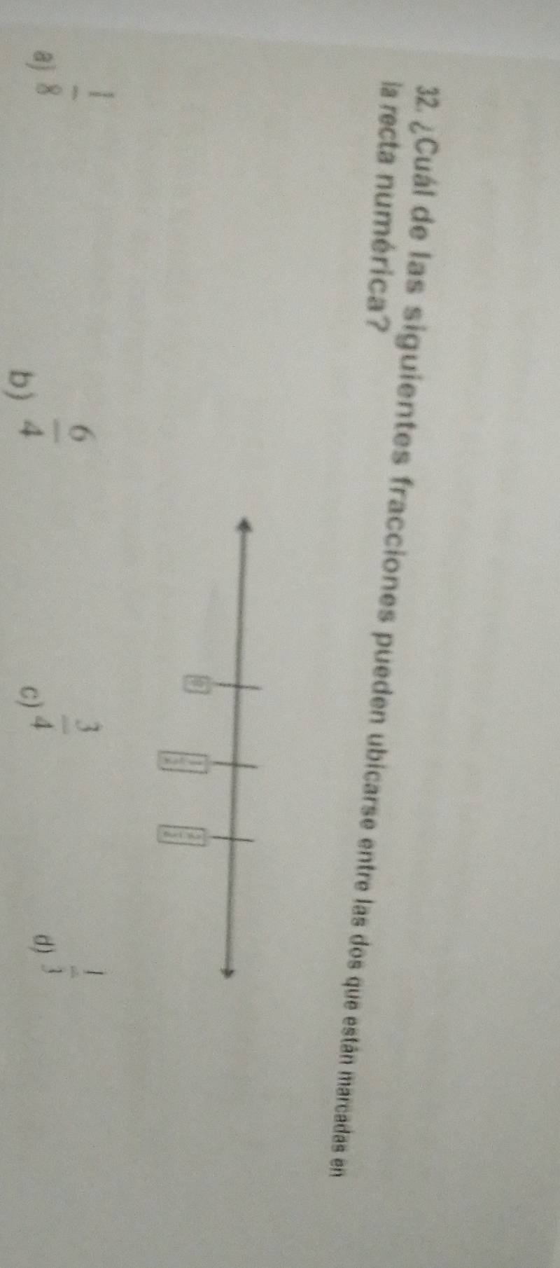 la recta numérica? 32. ¿Cuál de las siguientes fracciones pueden ubicarse entre las dos que están marcadas en
a)  1/8   6/4 
b)
c)  3/4 
d)  1/3 