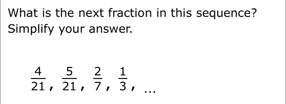 What is the next fraction in this sequence? 
Simplify your answer.
 4/21 ,  5/21 ,  2/7 ,  1/3 ,...