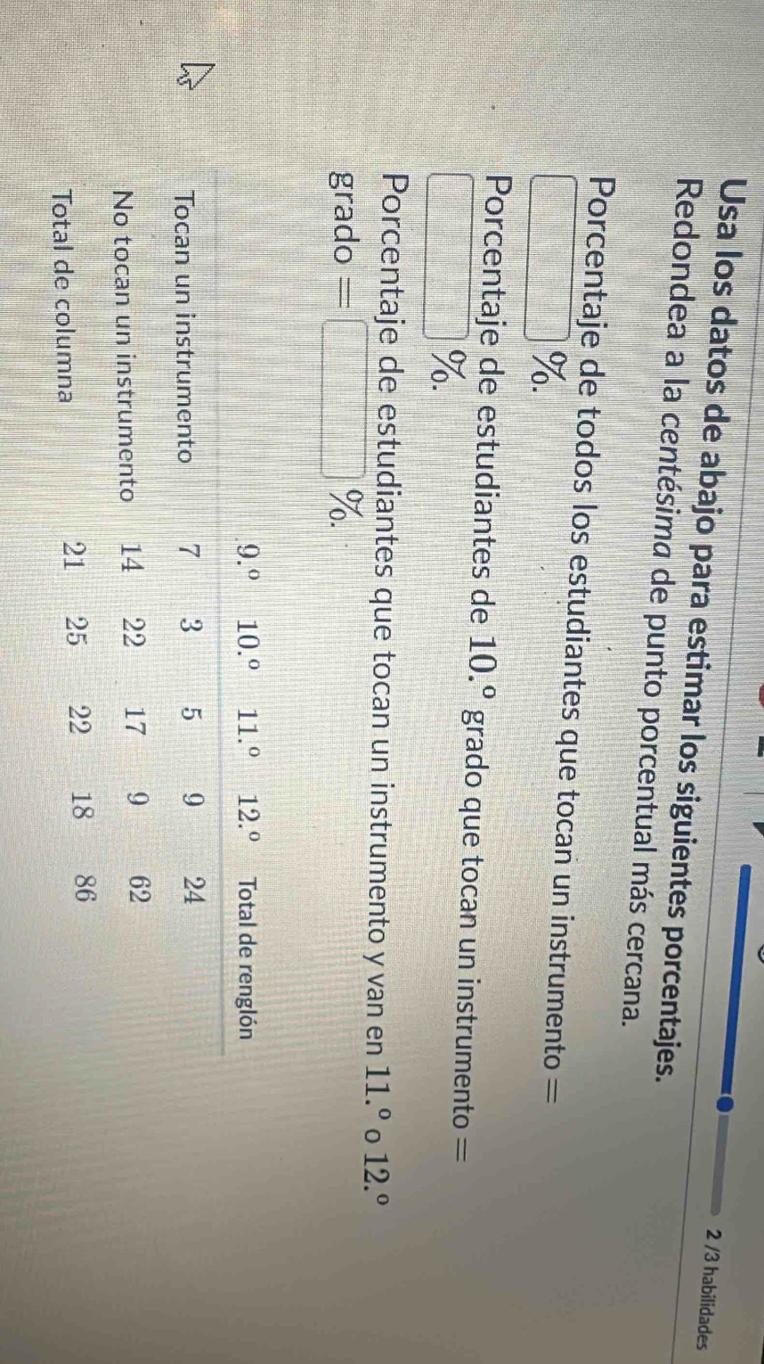 2 /3 habilidades
Usa los datos de abajo para estimar los siguientes porcentajes.
Redondea a la centésima de punto porcentual más cercana.
Porcentaje de todos los estudiantes que tocan un instrumento =
%.
Porcentaje de estudiantes de 10.^circ  grado que tocan un instrumento =
%.
Porcentaje de estudiantes que tocan un instrumento y van en 11.^circ  0 12.^circ 
grado = □ %