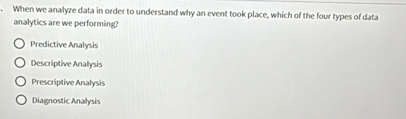 When we analyze data in order to understand why an event took place, which of the four types of data
analytics are we performing?
Predictive Analysis
Descriptive Analysis
Prescriptive Analysis
Diagnostic Analysis