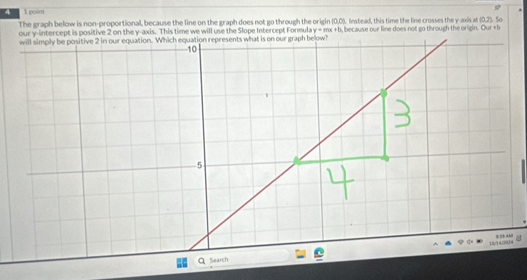 4 1 point 
^ 
The graph below is non-proportional, because the line on the graph does not go through the origin (0,0). Instead, this time the line crosses the y-axis at(0,2) So 
our y-intercept is positive 2 on the y-axis. This time we will use the Slope Intercept Formula y=mx+b , because our line does not go through the origin. Our +b