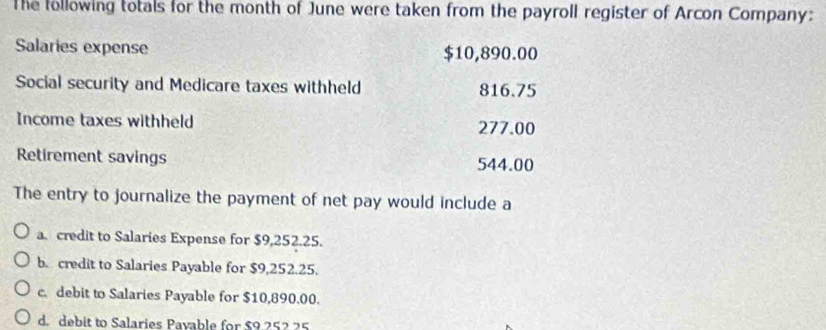 The following totals for the month of June were taken from the payroll register of Arcon Company:
Salaries expense $10,890.00
Social security and Medicare taxes withheld 816.75
Income taxes withheld 277.00
Retirement savings 544.00
The entry to journalize the payment of net pay would include a
a. credit to Salaries Expense for $9,252.25.
b. credit to Salaries Payable for $9,252.25.
c. debit to Salaries Payable for $10,890.00.
d. debit to Salaries Pavable for $9.252.25