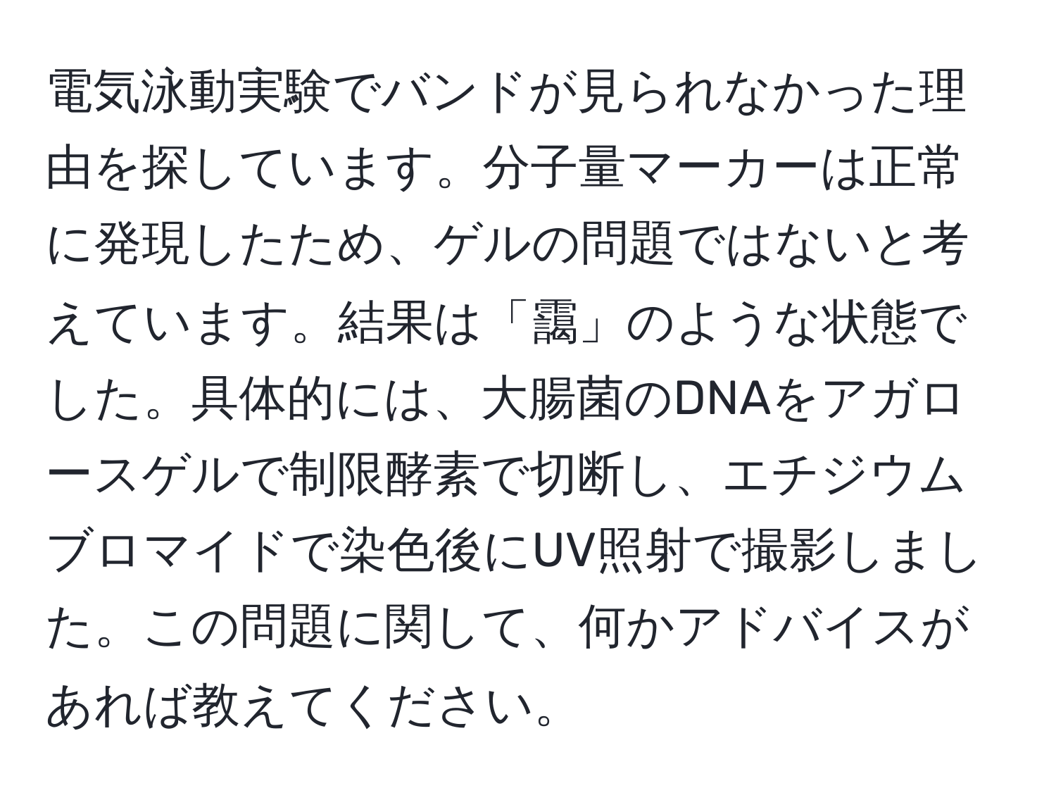 電気泳動実験でバンドが見られなかった理由を探しています。分子量マーカーは正常に発現したため、ゲルの問題ではないと考えています。結果は「靄」のような状態でした。具体的には、大腸菌のDNAをアガロースゲルで制限酵素で切断し、エチジウムブロマイドで染色後にUV照射で撮影しました。この問題に関して、何かアドバイスがあれば教えてください。