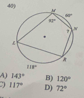 A) 143° B) 120°
117° D) 72°