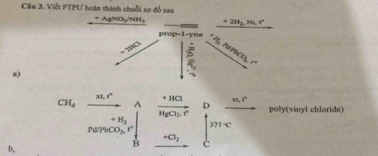Viết PTPƯ hoàn thành chuỗi sơ đồ sau
+AgNO_3/NH_3
+2H_2,Ni, t°
+H_2,PdP
PbCO_3,r°
a)
xt,t° frac +HClHgCl_2.r^n D
CH_4
A
xt,t^0
poly(vinyl chloride)
+H_2
Pd/PbCO_3,t°
377°C
+Cl_2
b,
B
C
