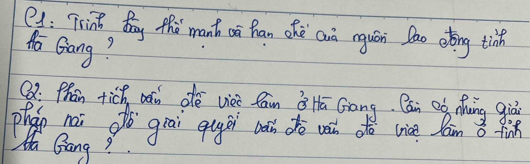 Trin dhy the manh ca han ohe cuá rquán lao etong tinh 
Ma Gang? 
Q: Phān tich bǎn dè vièi fan B Hā Gāng. Cān Qó duàng giā 
phan nai gǔ grai qugei wath dé vai do lice Dain ǒ fins 
Ha Gang?