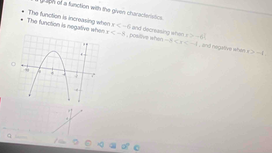 graph of a function with the given characteristics. 
The function is increasing when x and decreasing when x>-6
The function is negative when x , positive when -8 , and negative when x>-4.
y
4