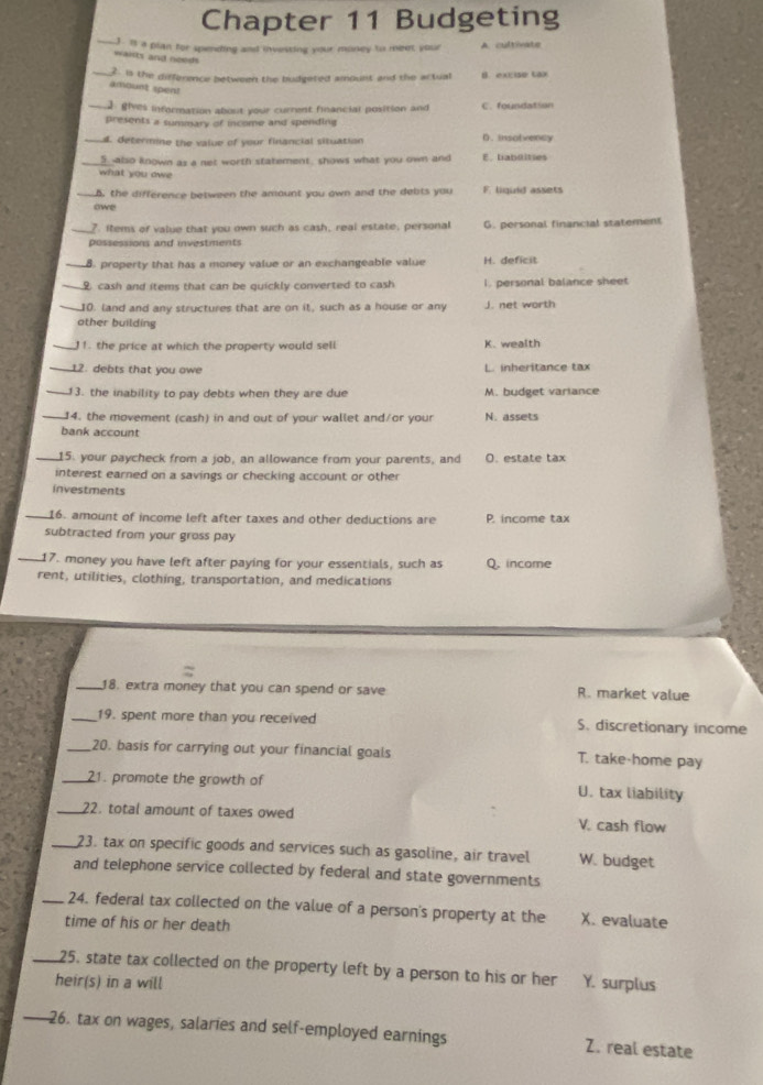 Chapter 11 Budgeting
J. I a plan for spending and investing your money to meet your A. cultivate
waists and need
_2. is the difference between the budgeted amount and the actual B. ex1150 Cal
amount spen!
_ gives information about your current financial position and C. foundation
presents a summary of income and spending
_4. determine the value of your financial situation D. insolvency
_5 also known as a net worth statement, shows what you own and E. babilities
what you owe 
5. the difference between the amount you own and the debts you F. liquid assets
owe
_?. Items of value that you own such as cash, real estate, personal G. personal financial statement
possessions and investments
_8. property that has a money value or an exchangeable value H. deficit
_ cash and items that can be quickly converted to cash I. personal balance sheet
_10. land and any structures that are on it, such as a house or any J. net worth
other building
_)1. the price at which the property would sell K. wealth
_12. debts that you owe L. inheritance tax
_3. the inability to pay debts when they are due M. budget variance
_J4. the movement (cash) in and out of your wallet and/or your N. assets
bank account
_15. your paycheck from a job, an allowance from your parents, and O. estate tax
interest earned on a savings or checking account or other
investments
_16. amount of income left after taxes and other deductions are P. income tax
subtracted from your gross pay
_17. money you have left after paying for your essentials, such as Q. income
rent, utilities, clothing, transportation, and medications
_18. extra money that you can spend or save R. market value
_19. spent more than you received S. discretionary income
_20. basis for carrying out your financial goals T. take-home pay
_21. promote the growth of U. tax liability
_22. total amount of taxes owed V. cash flow
_23. tax on specific goods and services such as gasoline, air travel W. budget
and telephone service collected by federal and state governments
_24. federal tax collected on the value of a person's property at the X. evaluate
time of his or her death
_25. state tax collected on the property left by a person to his or her
heir(s) in a will Y. surplus
_26. tax on wages, salaries and self-employed earnings Z. real estate