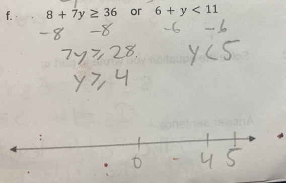8+7y≥ 36 or 6+y<11</tex>