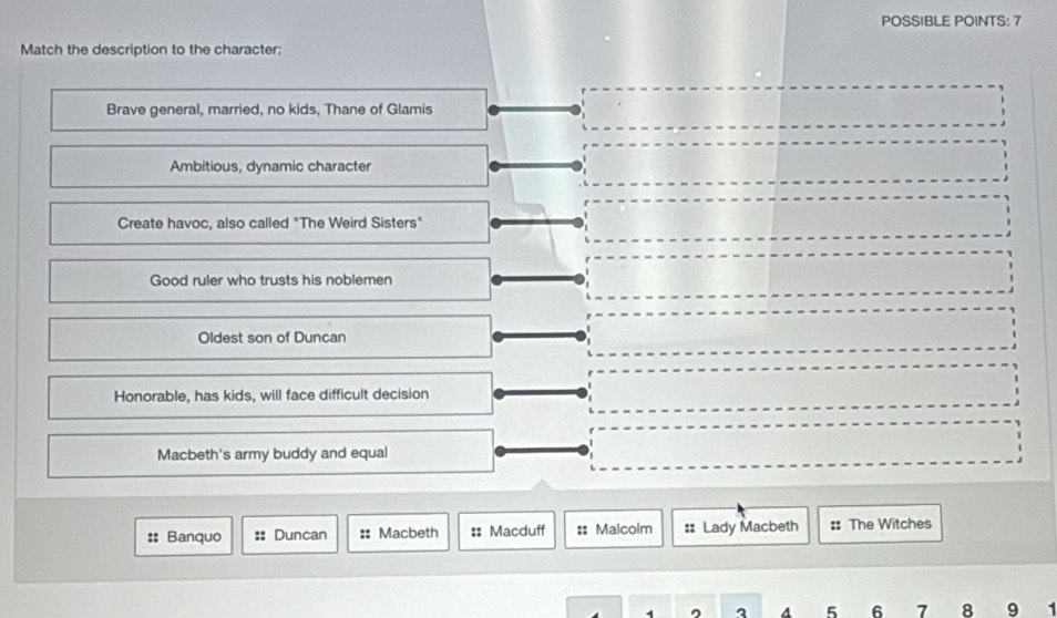 POSSIBLE POINTS: 7
Match the description to the character:
Brave general, married, no kids, Thane of Glamis
Ambitious, dynamic character
Create havoc, also called "The Weird Sisters"
Good ruler who trusts his noblemen
Oldest son of Duncan
Honorable, has kids, will face difficult decision
Macbeth's army buddy and equal
:: Banquo :: Duncan :: Macbeth :: Macduff =: Malcolm :: Lady Macbeth :: The Witches
。 a 5 6 7 8 9 1
