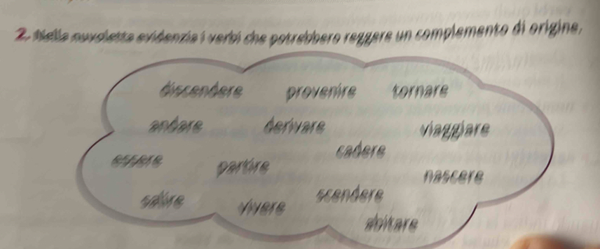 tella nuvolette evidenzia í verbi che potrebbero reggere un complemento di origine,
discendere provenire tornare
andore derware
viaggiare
cadere
ENEE partire
nascere
saive Vivere
scendere
sbitars