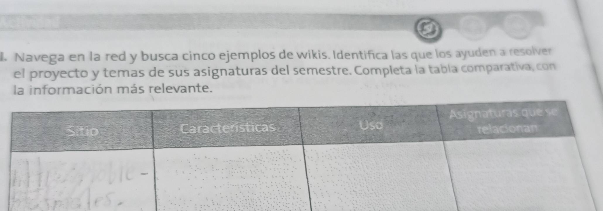 Navega en la red y busca cinco ejemplos de wikis. Identifica las que los ayuden a resolver 
el proyecto y temas de sus asignaturas del semestre. Completa la tabla comparativa, con 
la información más relevante.