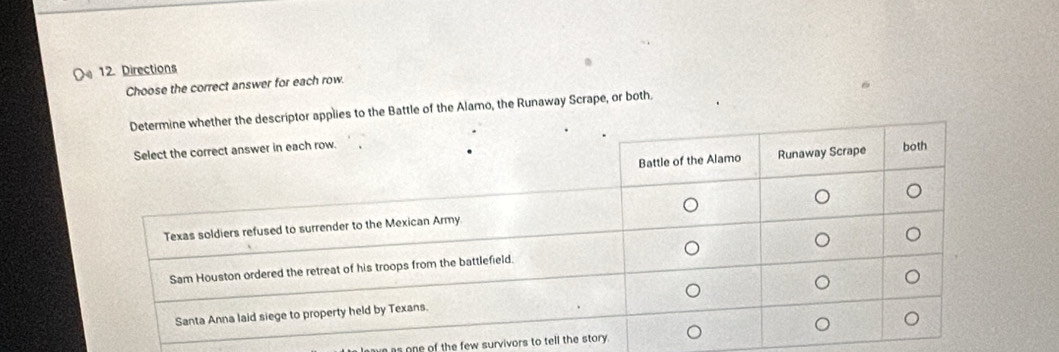 Directions 
Choose the correct answer for each row 
e Battle of the Alamo, the Runaway Scrape, or both. 
leave as one of the few survivors to tell the story