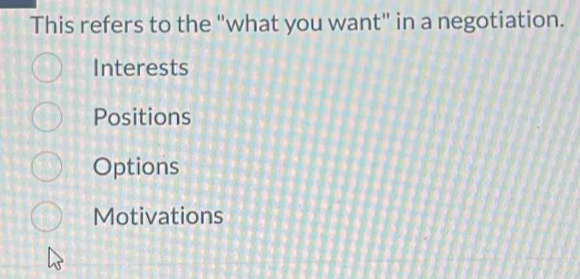 This refers to the "what you want" in a negotiation.
Interests
Positions
Options
Motivations