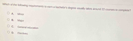 Which of the following requirements to earn a bachelor's degree usually takes around 22 courses to complete?
A. Minor
B. Major
C. General education
D. Electives