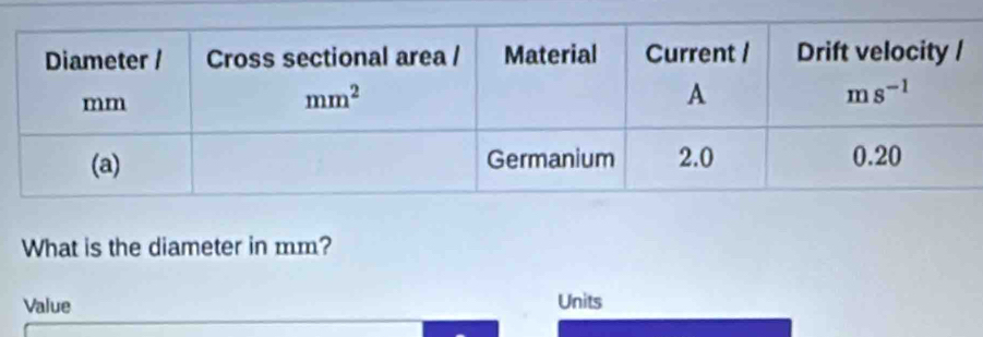 What is the diameter in mm?
Value Units