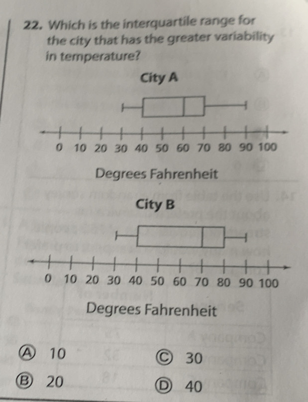 Which is the interquartile range for
the city that has the greater variability
in temperature?
Degrees Fahrenheit
Degrees Fahrenheit
Ⓐ 10 Ⓒ 30
Ⓑ 20 Ⓓ 40