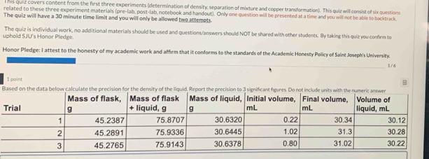 his quiz covers content from the first three experiments (determination of density, separation of mixture and copper transformation). This quiz will consist of six questions 
related to these three experiment materials (pre-lab, post-lab, notebook and handout). Only one question will be presented at a time and you will not be able to backtrack. 
The quiz will have a 30 minute time limit and you will only be allowed two attempts 
uphold SJU's Honor Pledge. The quiz is individual work, no additional materials should be used and questions/answers should NOT be shared with other students. By taking this quiz you confrm to 
Honor Pledge: I attest to the honesty of my academic work and affirm that it conforms to the standards of the Academic Honesty Policy of Saint Joseph's University.
1 / 6
1 point 
Based on the data below calculate the precision for the density of the liquid. Report the