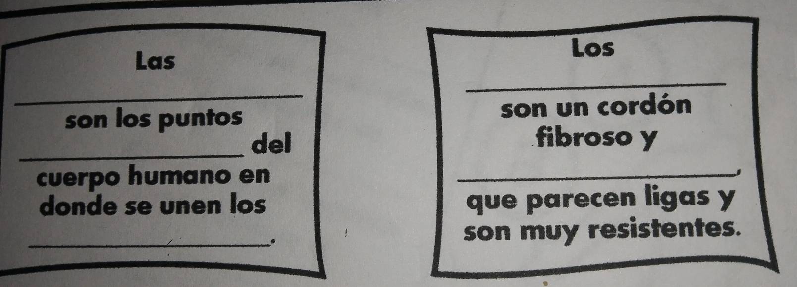 Las 
Los 
_ 
_ 
son los puntos son un cordón 
_del fibroso y 
cuerpo humano en 
_ 
donde se unen los que parecen ligas y 
_son muy resistentes.