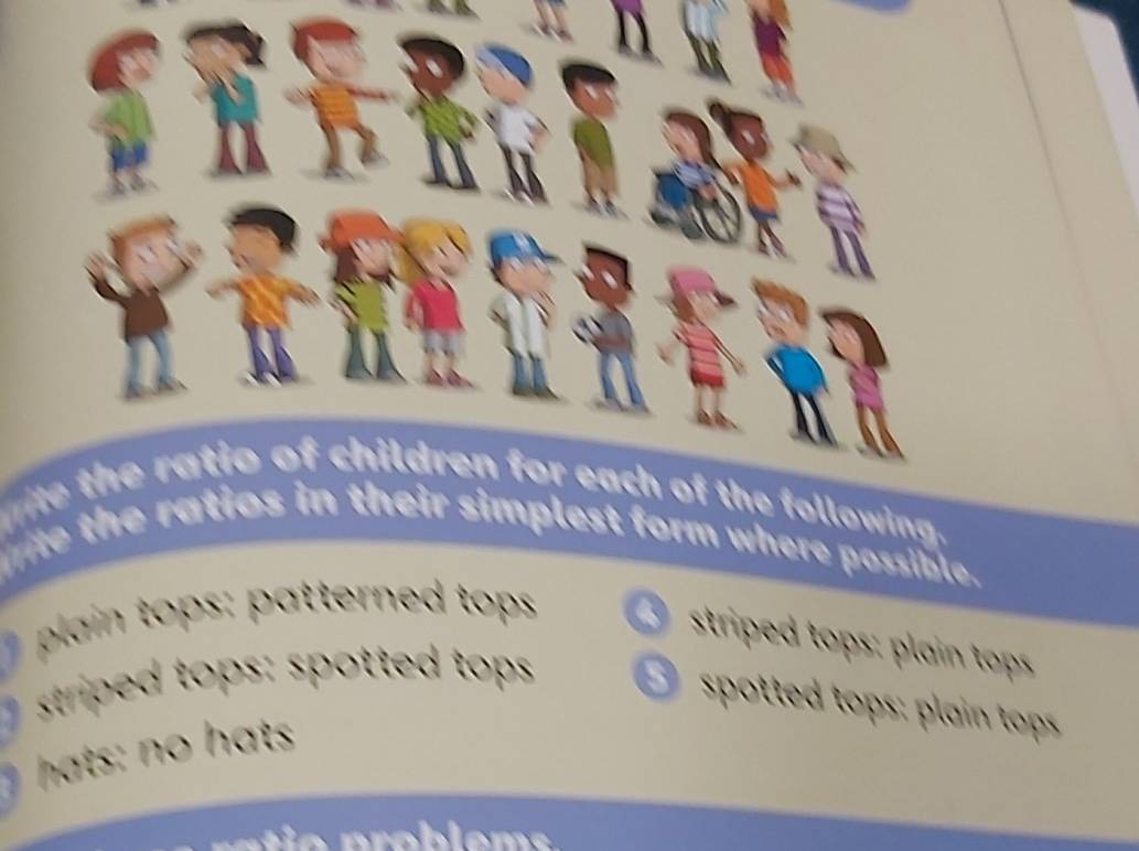 he ratio of children for each of the following. 
ite the ratios in their simplest form where possible. 
plain tops: patterned tops 
striped tops: plain tps 
striped tops: spotted tops 
spotted tops: plain tops 
hats: no hats