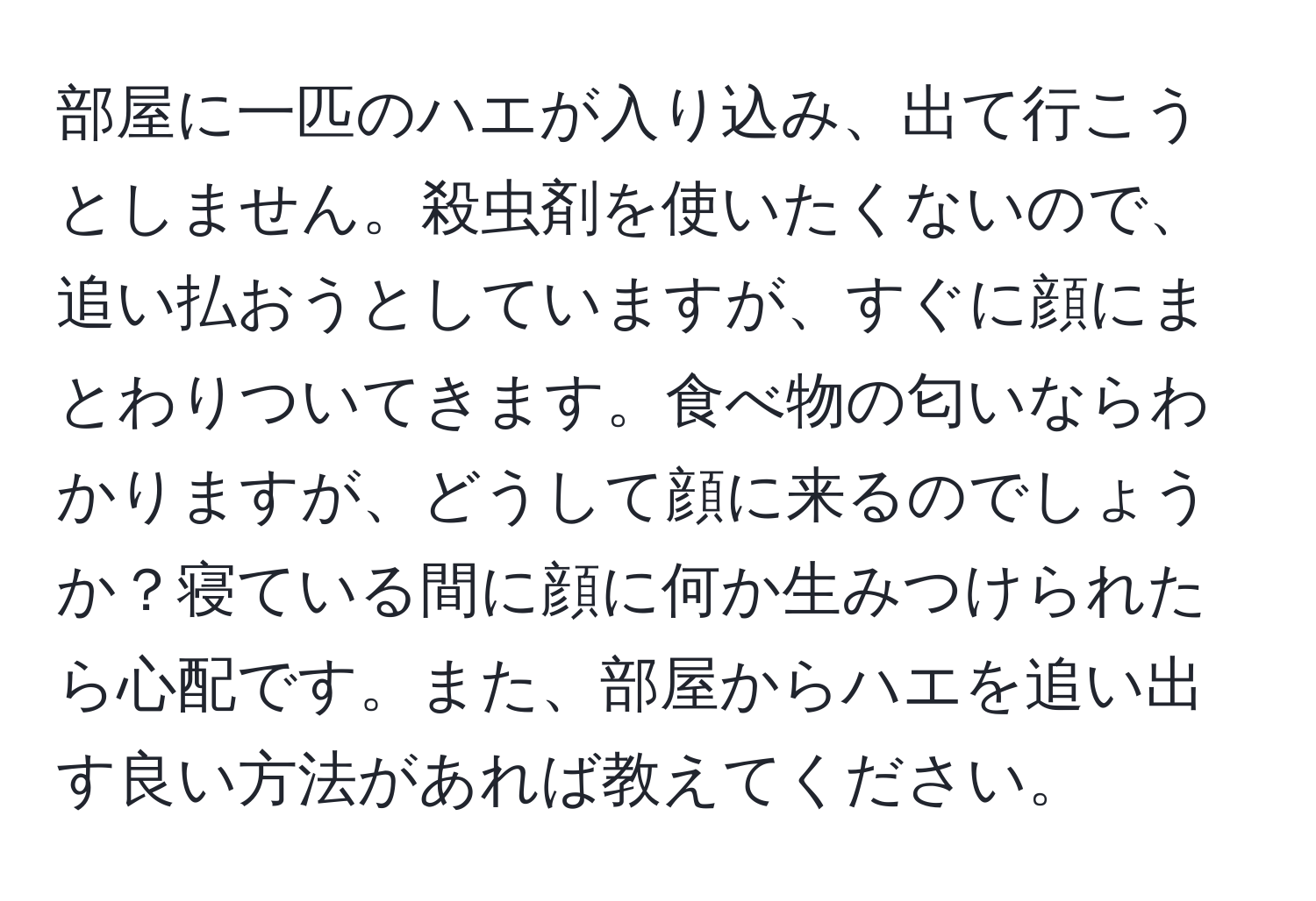 部屋に一匹のハエが入り込み、出て行こうとしません。殺虫剤を使いたくないので、追い払おうとしていますが、すぐに顔にまとわりついてきます。食べ物の匂いならわかりますが、どうして顔に来るのでしょうか？寝ている間に顔に何か生みつけられたら心配です。また、部屋からハエを追い出す良い方法があれば教えてください。