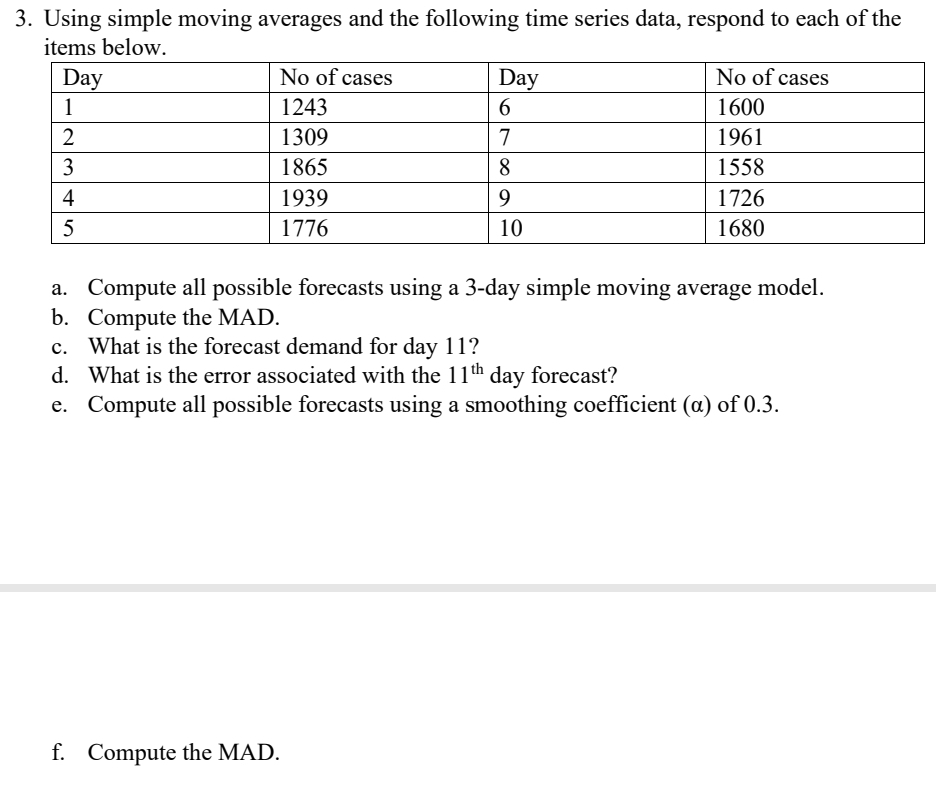 Using simple moving averages and the following time series data, respond to each of the 
items below. 
a. Compute all possible forecasts using a 3-day simple moving average model. 
b. Compute the MAD. 
c. What is the forecast demand for day 11? 
d. What is the error associated with the 11^(th) day forecast? 
e. Compute all possible forecasts using a smoothing coefficient (α) of 0.3. 
f. Compute the MAD.