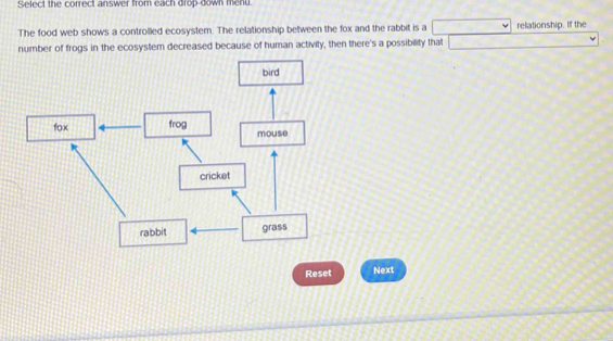 Select the correct answer from each drop-down menu.
The food web shows a controlled ecosystem. The relationship between the fox and the rabbit is a ) □ relationship. If the
number of frogs in the ecosystem decreased because of human activity, then there's a possibility that A(-)+A(-)=
bird
fox frog
mouse
cricket
rabbit grass
Reset Next