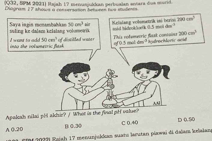 (Q32, SPM 2021) Rajah 17 menunjukkan perbualan antara dua murid.
Diagram 17 shows a conversation between two students.
A 0.20 B 0.30 C 0.40 
SRM 2022) Rajah 17 menunjukkan suatu larutan piawai di dalam kelalang