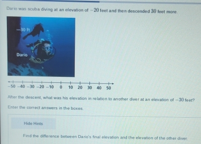 Solved: Dario was scuba diving at an elevation of -20 feet and then ...